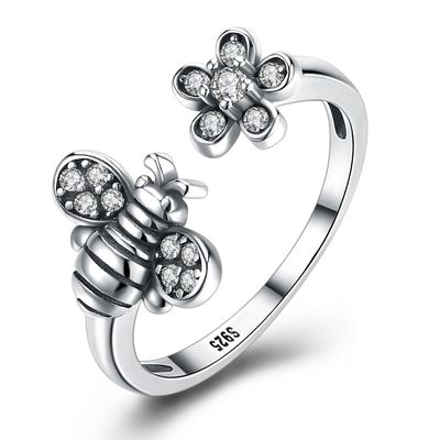 Anel bonito da flor da abelha ajustável de Sterling Silver 925