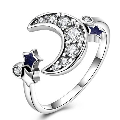 Estrela delicado e Crescent Moon Open Ring 925 meninas Crystal Eternity Rings de Sterling Silver For Women Teen