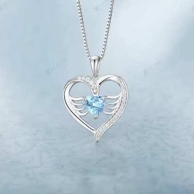YASVITTI 925 Sterling Silver Heart Topaz &amp; Cubic Zirconia Angel Wing Pendant Necklace Romântico Joias para Mulheres