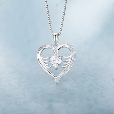 YASVITTI 925 Sterling Silver Heart Topaz &amp; Cubic Zirconia Angel Wing Pendant Necklace Romântico Joias para Mulheres