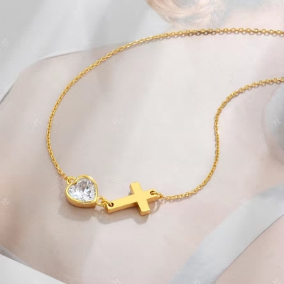 YASVITTI Bezel Heart Cubic Zirconia Necklace 925 Prata Clássica Cruz Plain Necklace 18K Revestido de Ouro Fábrica de Atacado