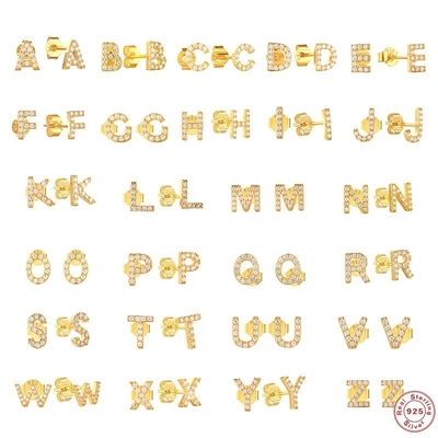 Moda Prata Esterlina Alfabeto A-z Brincos 18k Ouro Revestido 925 Prata Letras Stud Brincos