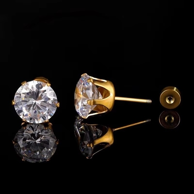 Moderno Titânio Aço Fina Agulha Brincos de Aço Inoxidável Redondo 18k Brincos de Zircão Revestidos de Ouro
