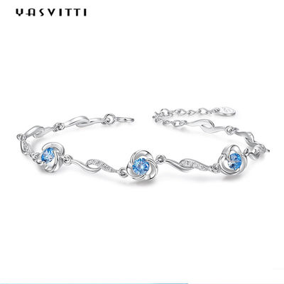 bracelete azul do cristal de rocha de 7.3in 5.2g Sterling Silver Jewelry Bracelets AAA CZ