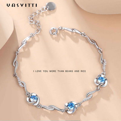 bracelete azul do cristal de rocha de 7.3in 5.2g Sterling Silver Jewelry Bracelets AAA CZ