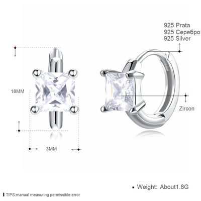 1.2cm 316L SS esquadram os brincos 3A CZ Sterling Silver Stud Earrings do zirconita