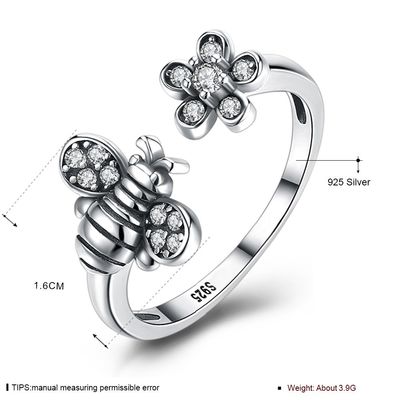Anel bonito da flor da abelha ajustável de Sterling Silver 925