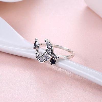 Estrela delicado e Crescent Moon Open Ring 925 meninas Crystal Eternity Rings de Sterling Silver For Women Teen